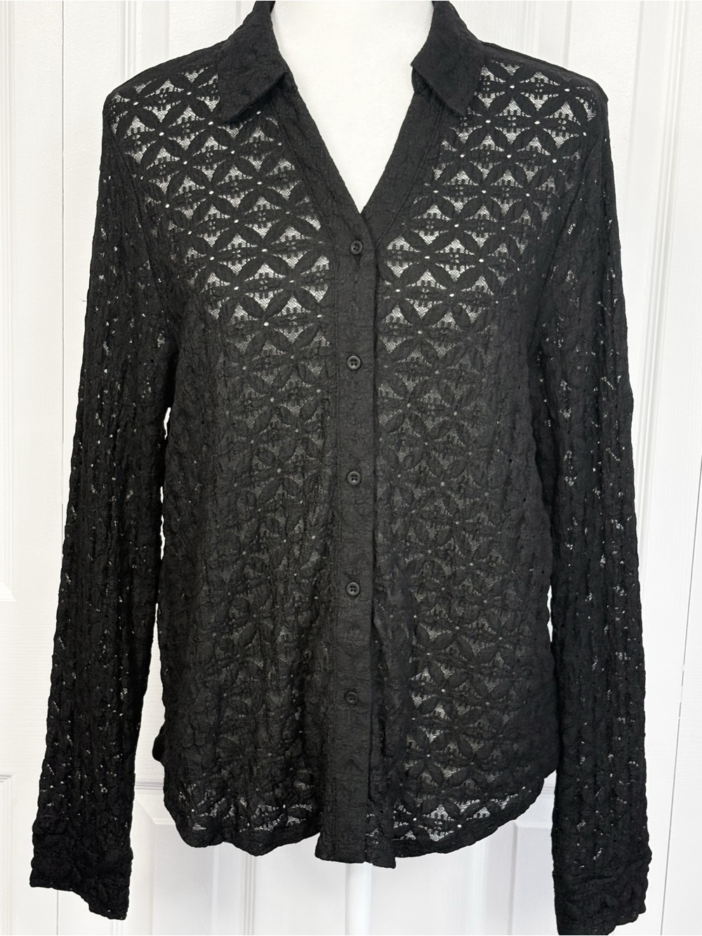 NWT Adrianna Papell Black Textured Lace Sheer Knit Button Up Shirt Large
